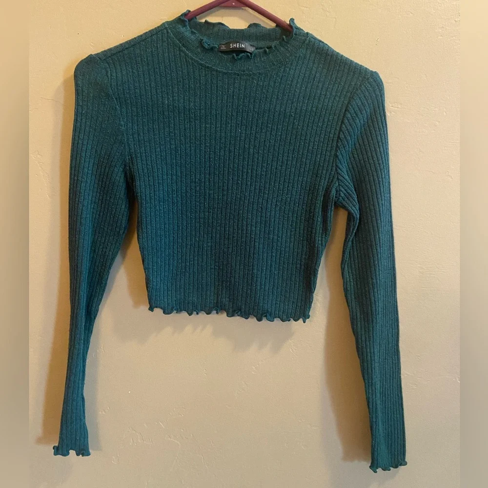 Shein long sleeve cropped sweater size small emerald green Polyester spandex